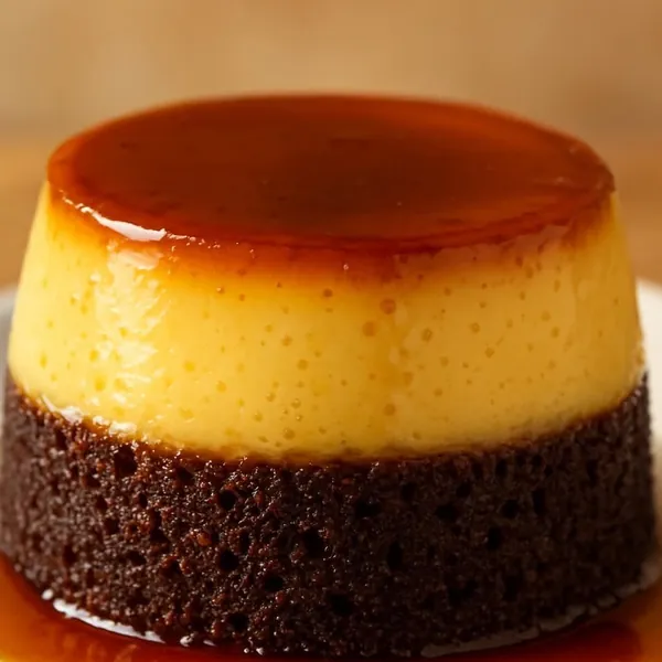 Chocoflan con flan cremoso y caramelo brillante