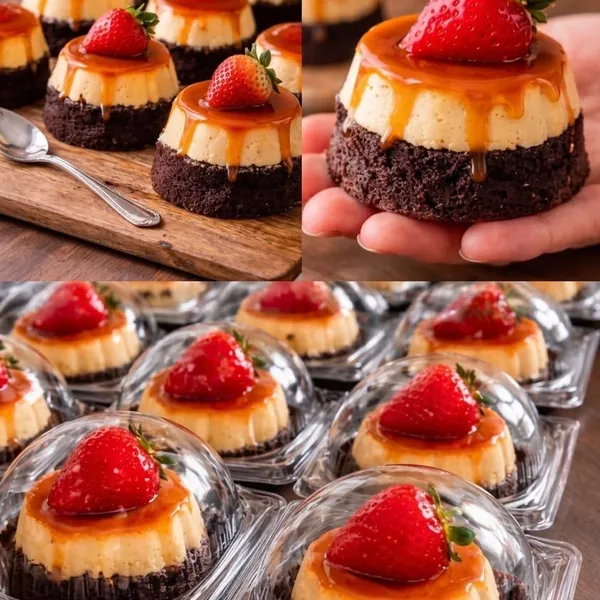 Mini chocoflanes con fresas para mesa dulce
